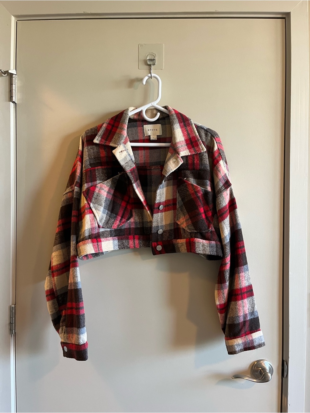 HYFVE Cropped Plaid Jacket in Red, Black & Cream Tones